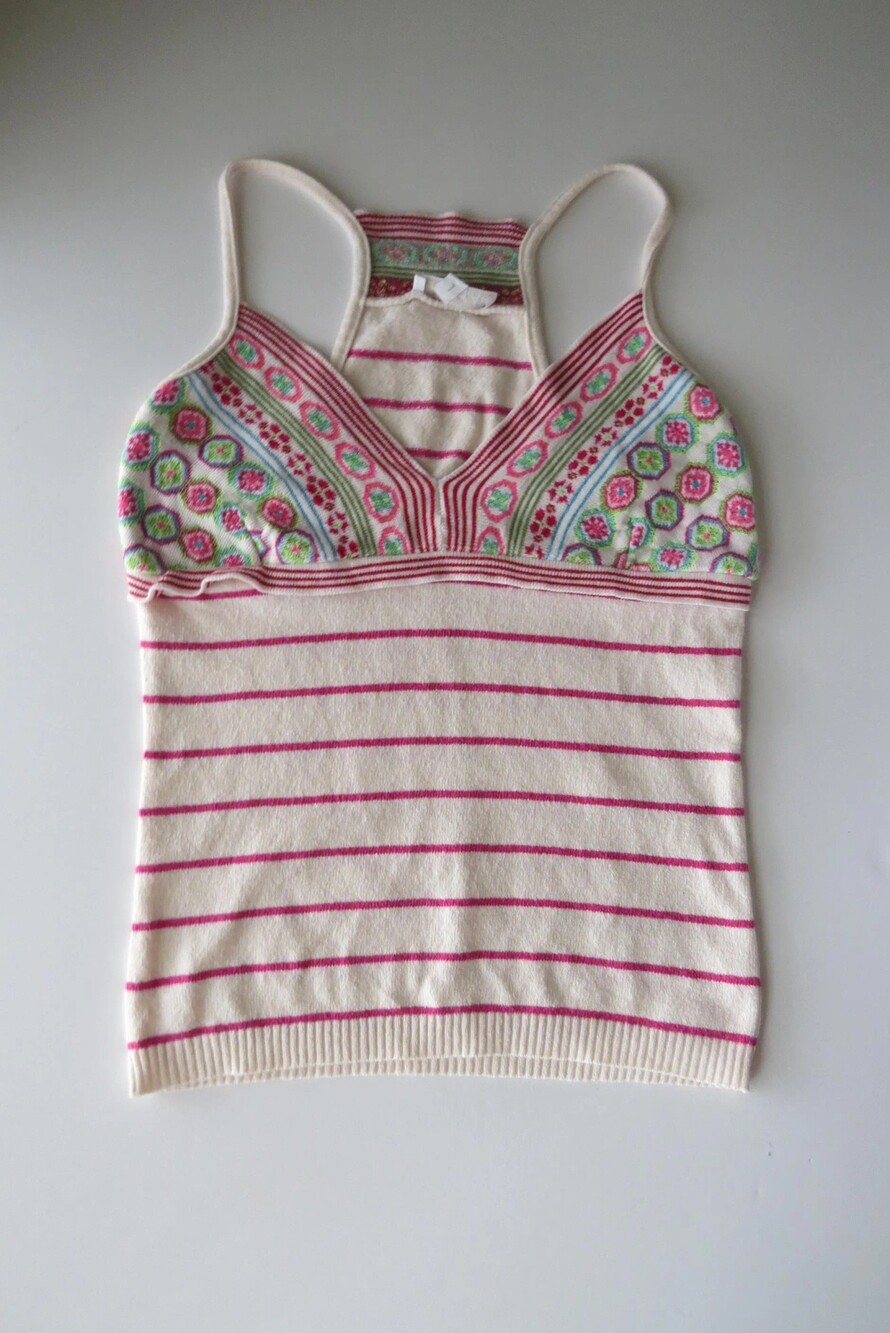 Vintage Kookai Knit Cami, Cream Pink Striped Tank Top, French Knit Camisole, 200